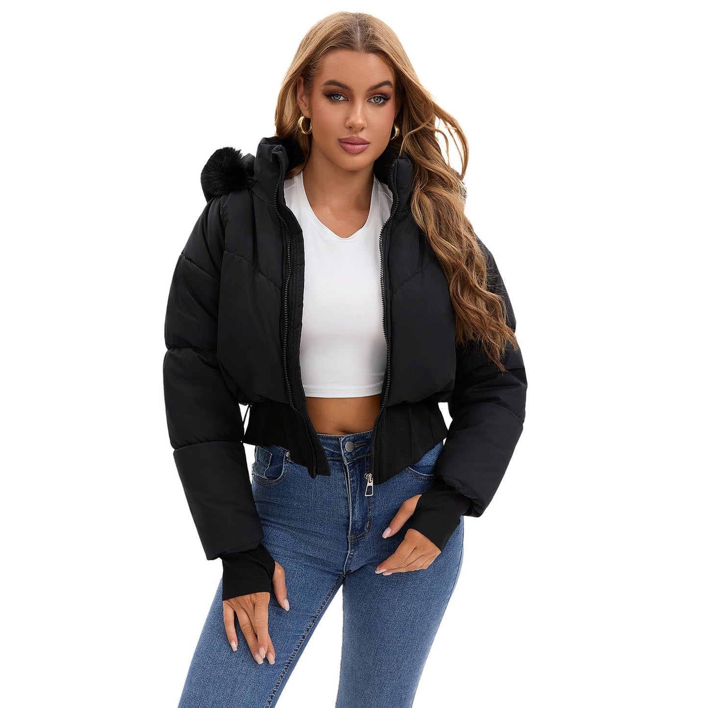 Veste Femme Courte Cintrée à la Taille avec Capuche