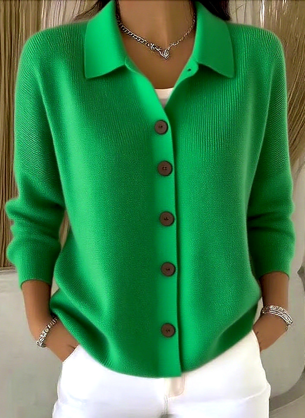 Cardigan-manteau à col revers tricoté à boutons pour femme