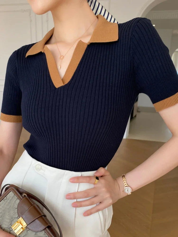 Polo En Maille Côtelée Pour Femmes