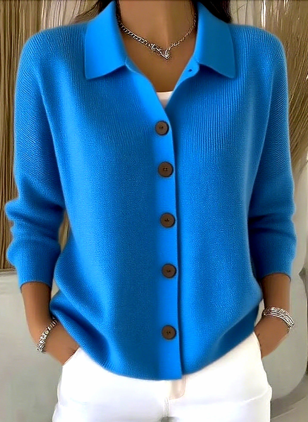 Cardigan-manteau à col revers tricoté à boutons pour femme