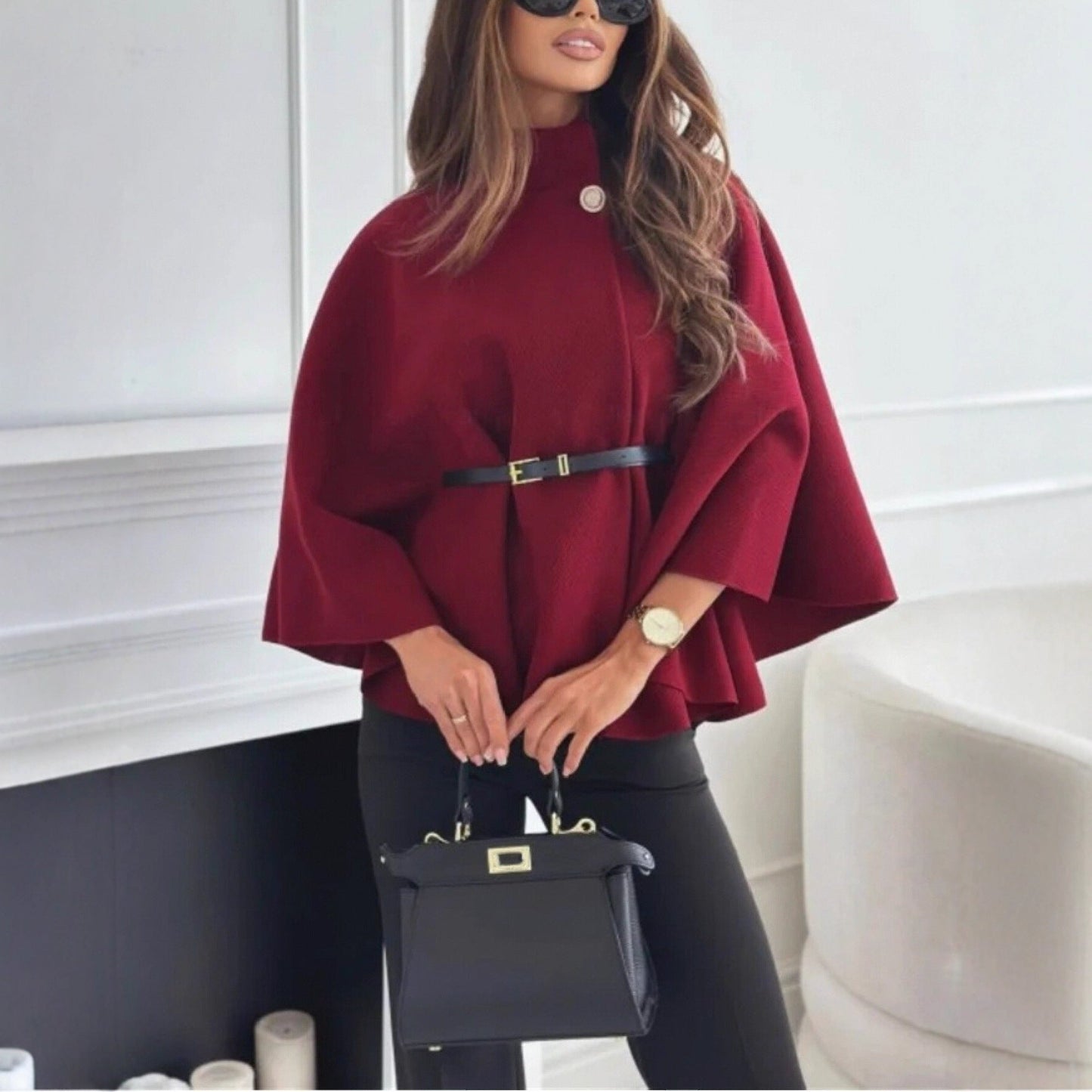 veste à col montant et manches chauve-souris avec ceinture
