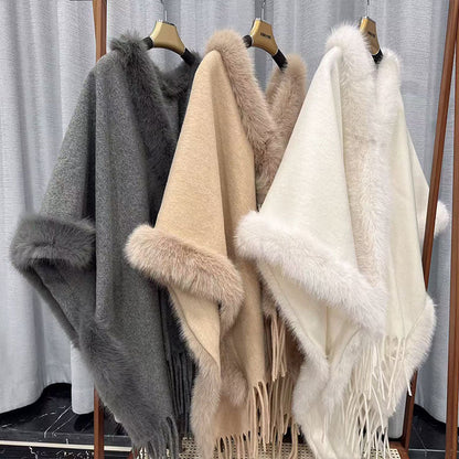Cape en laine double face pour femme, en laine et cachemire filée
