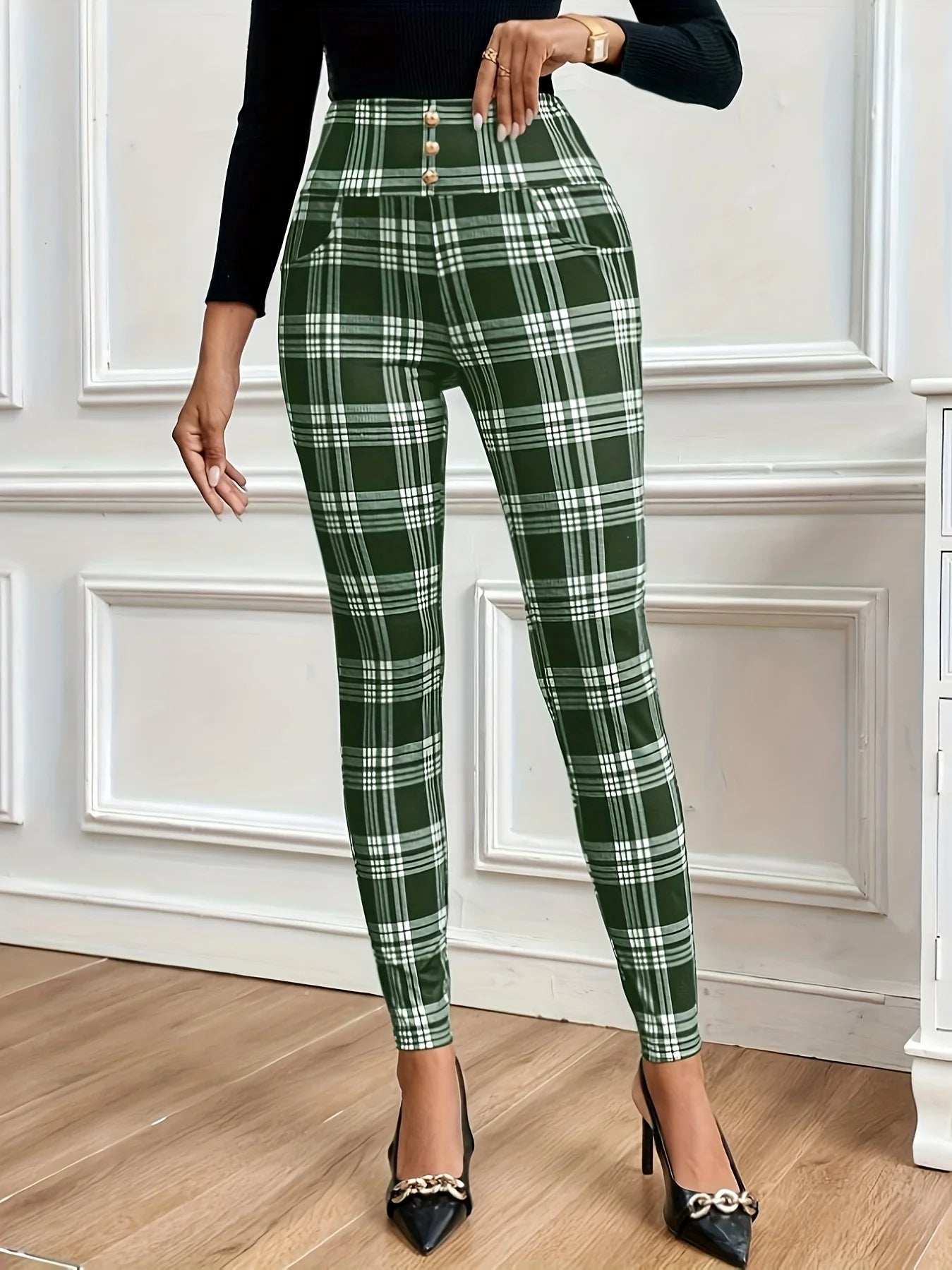 Pantalon Legging Taille Haute À Carreaux