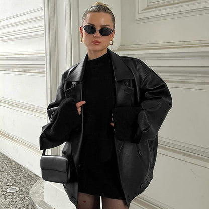 Manteau en cuir ample à col élégant pour femme