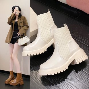 Bottines Femme en Maille Patchwork – Semelle Épaisse, Talon Carré