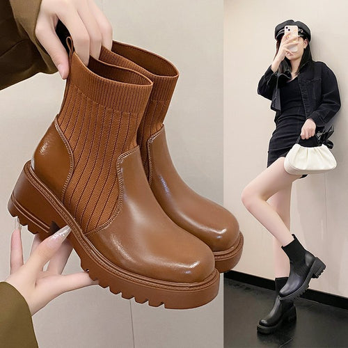Bottines Femme en Maille Patchwork – Semelle Épaisse, Talon Carré