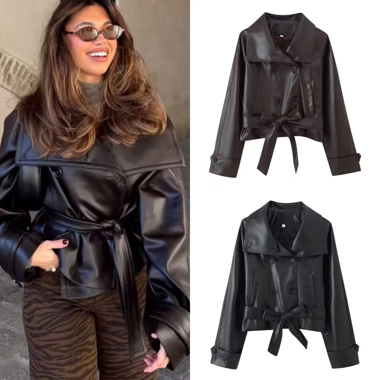 Manteau court en cuir à double boutonnage