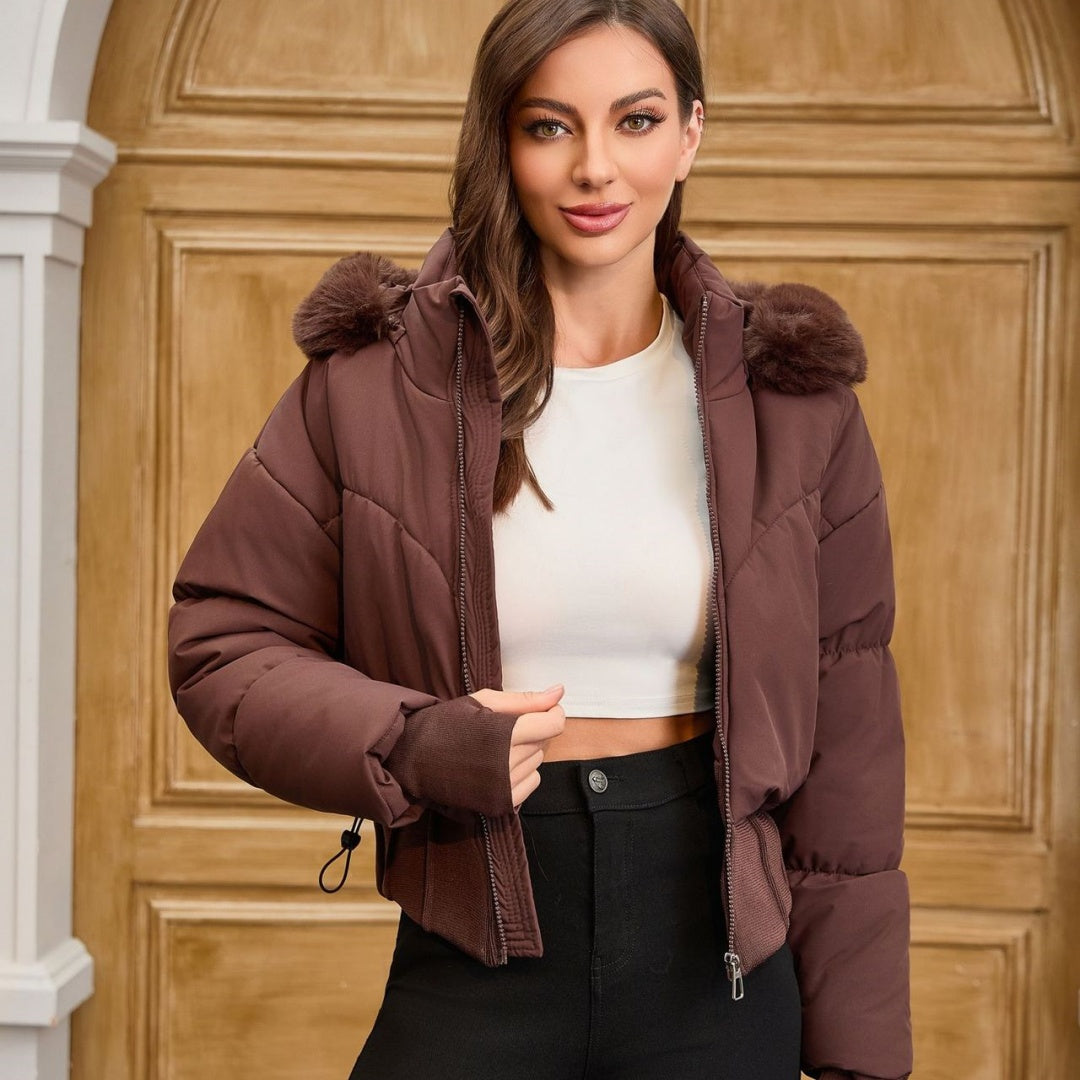 Veste Femme Courte Cintrée à la Taille avec Capuche