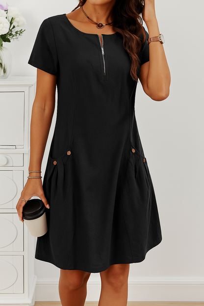 Robe En Coton Élégante À Manches Courtes Avec Poches