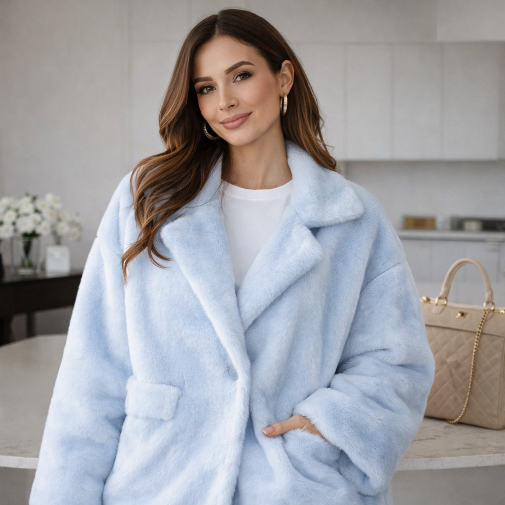 Manteau fourrure à simple boutonnage et revers larges pour les femmes