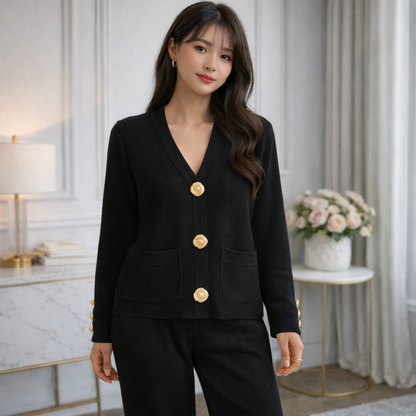 Ensemble Cardigan Femme en Maille – Chic Décontracté & Boucle Métallique