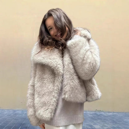 Manteau Femme Uni Polyvalent à Col en Fausse Fourrure