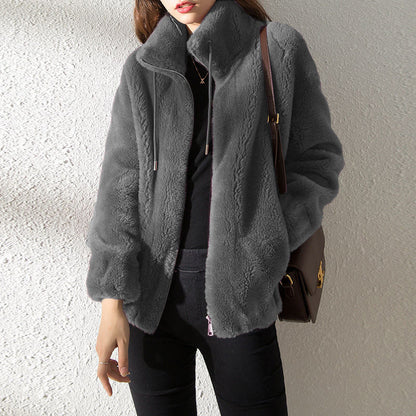 Cardigan Femme Polaire Double Face à Col Montant – Chaud & Confort Hiver
