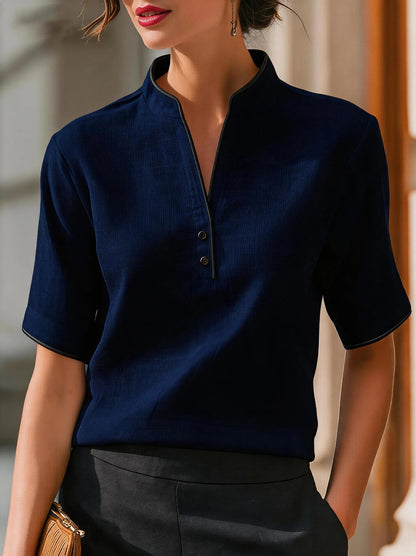 Summer Thin Small Stand Collar V-Neck Slimming Elegant Commuter Top