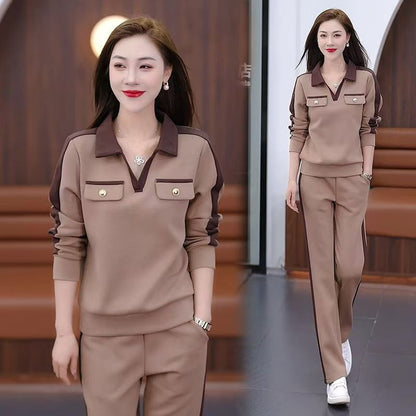 Casual Suit Women's Fashionable Stylish V-neck Slimming Long-sleeved Wide-leg Pants