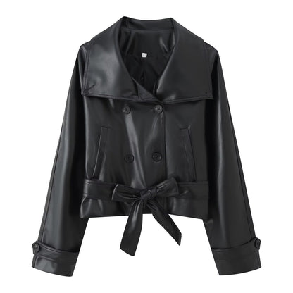 Manteau court en cuir à double boutonnage