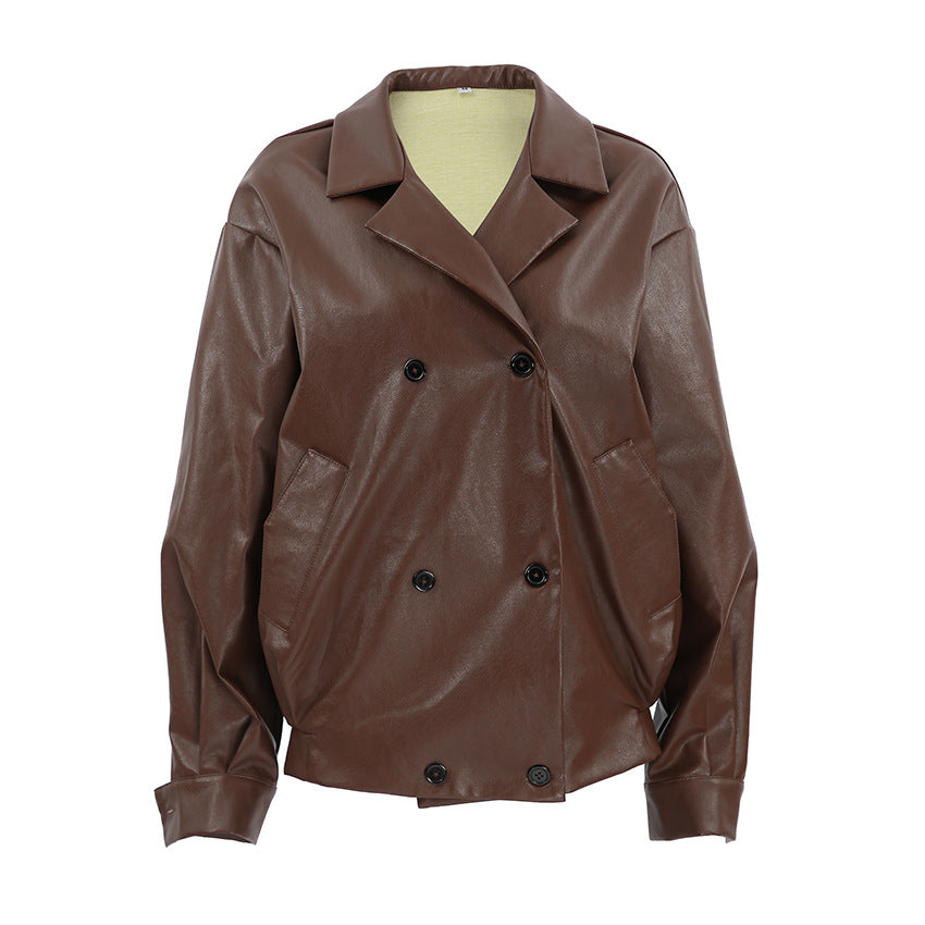 Manteau en cuir ample à col élégant pour femme