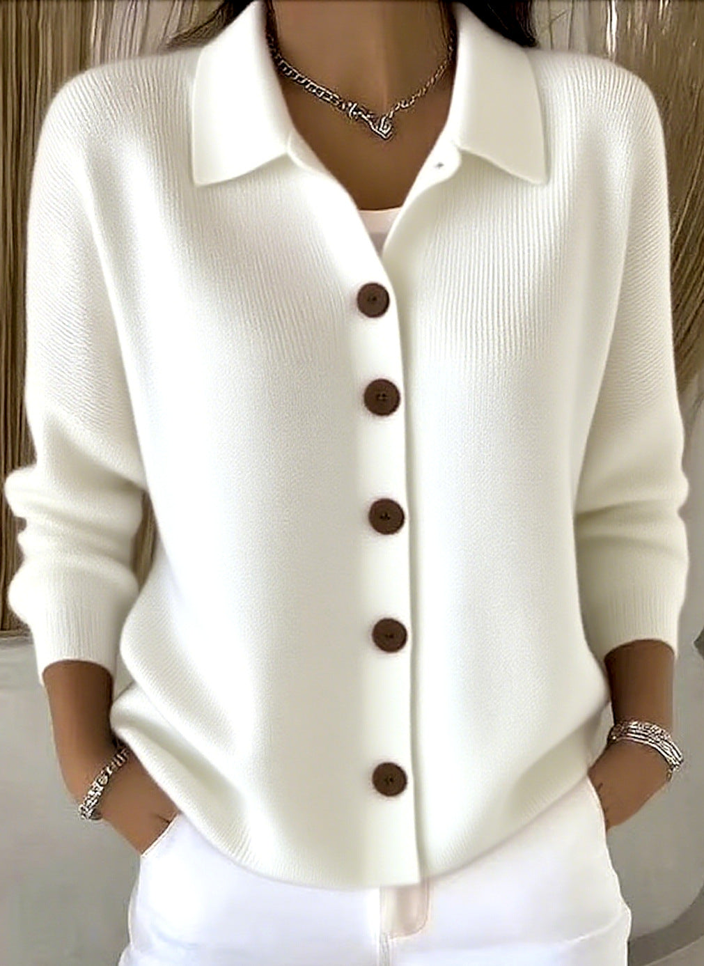 Cardigan-manteau à col revers tricoté à boutons pour femme