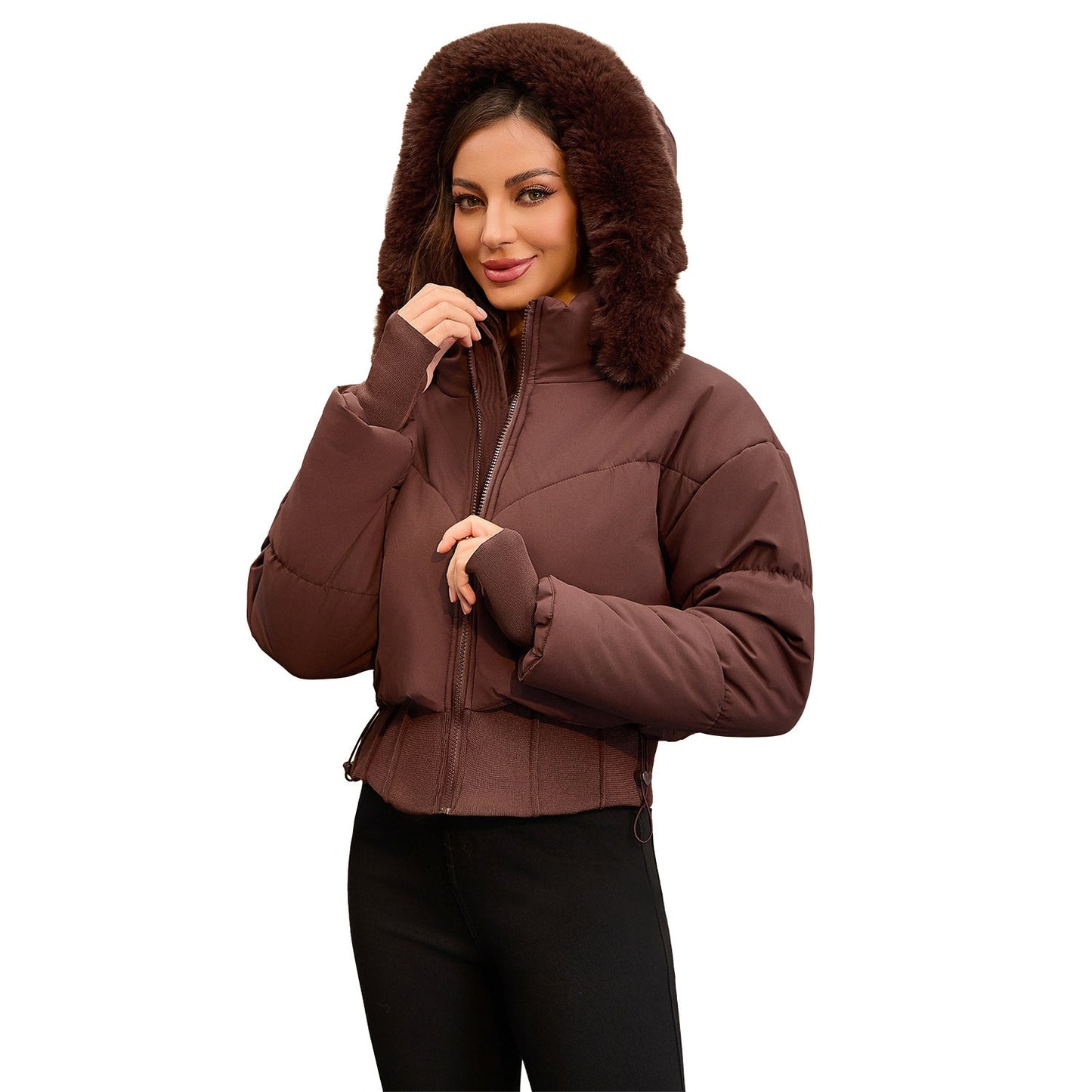 Veste Femme Courte Cintrée à la Taille avec Capuche