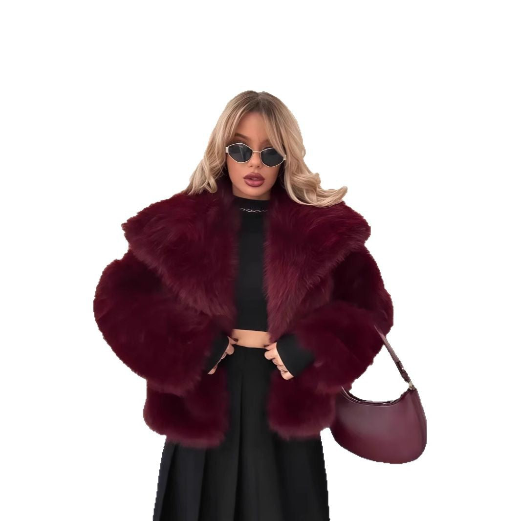 Manteau Femme Uni Polyvalent à Col en Fausse Fourrure