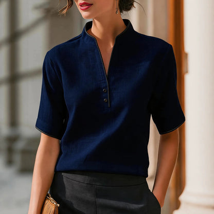 Summer Thin Small Stand Collar V-Neck Slimming Elegant Commuter Top